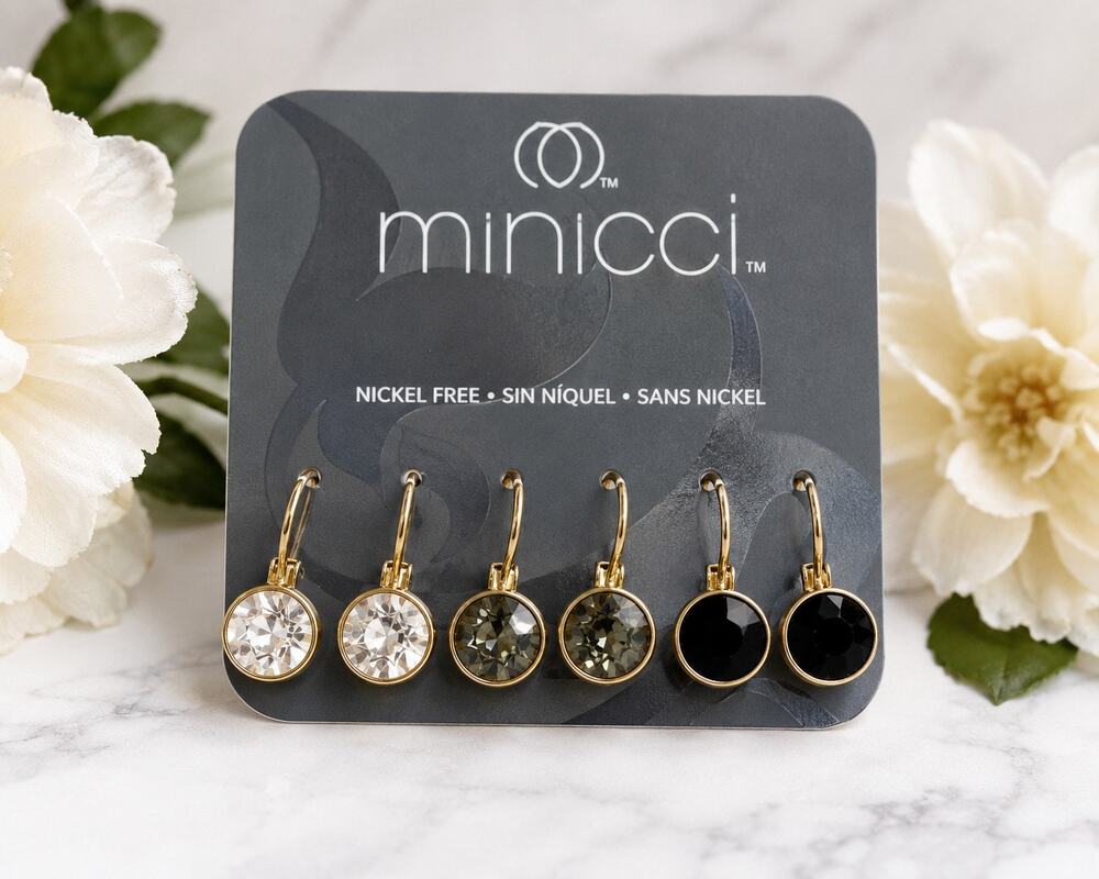 Minicci Set of 3 Gold Tone Rhinestone Hook Earrings Clear Green Black NWT